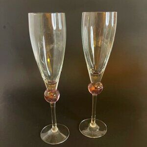 Pair of Elegant Champagne Flutes – 9.5" Tall, Long Stem with Pink Ball Decor